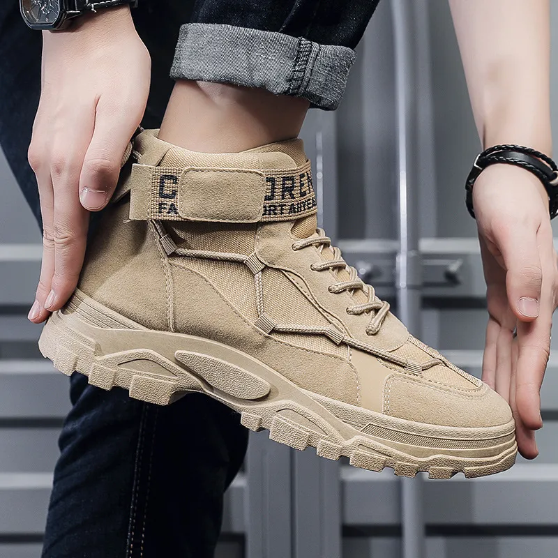 Mens Black High Top Platform Boots With Velcro Strap And Letter Print_voghion.com