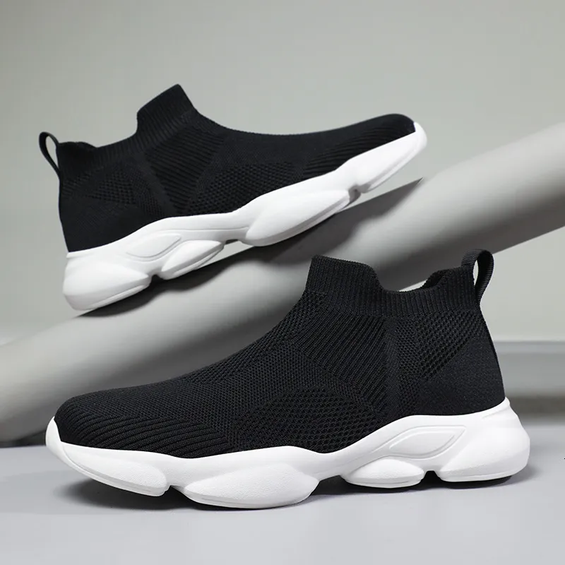Mens Beige Knit Sock Sneakers Breathable Slip On Casual Shoes_vogvips.com