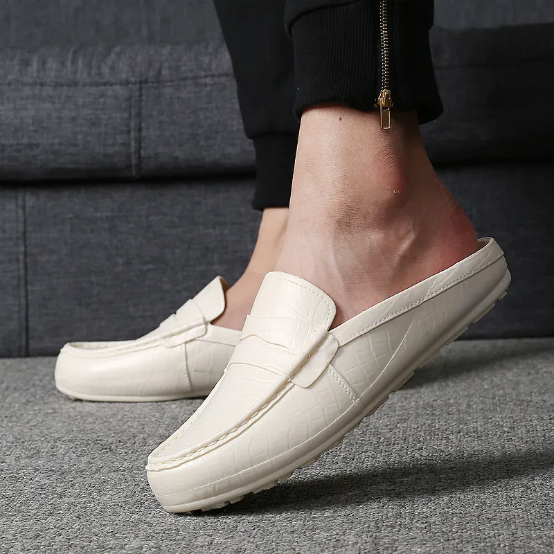 Mens Brown Crocodile Pattern Leather Loafer Slippers Slip On Backless Casual Shoes For Indoor And Outdoor Use_voghion.com