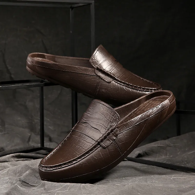 Mens Brown Crocodile Pattern Leather Loafer Slippers Slip On Backless Casual Shoes For Indoor And Outdoor Use_voghion.com