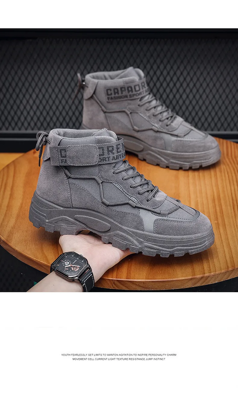 Mens Black High Top Platform Boots With Velcro Strap & Letter Print_voghion.com