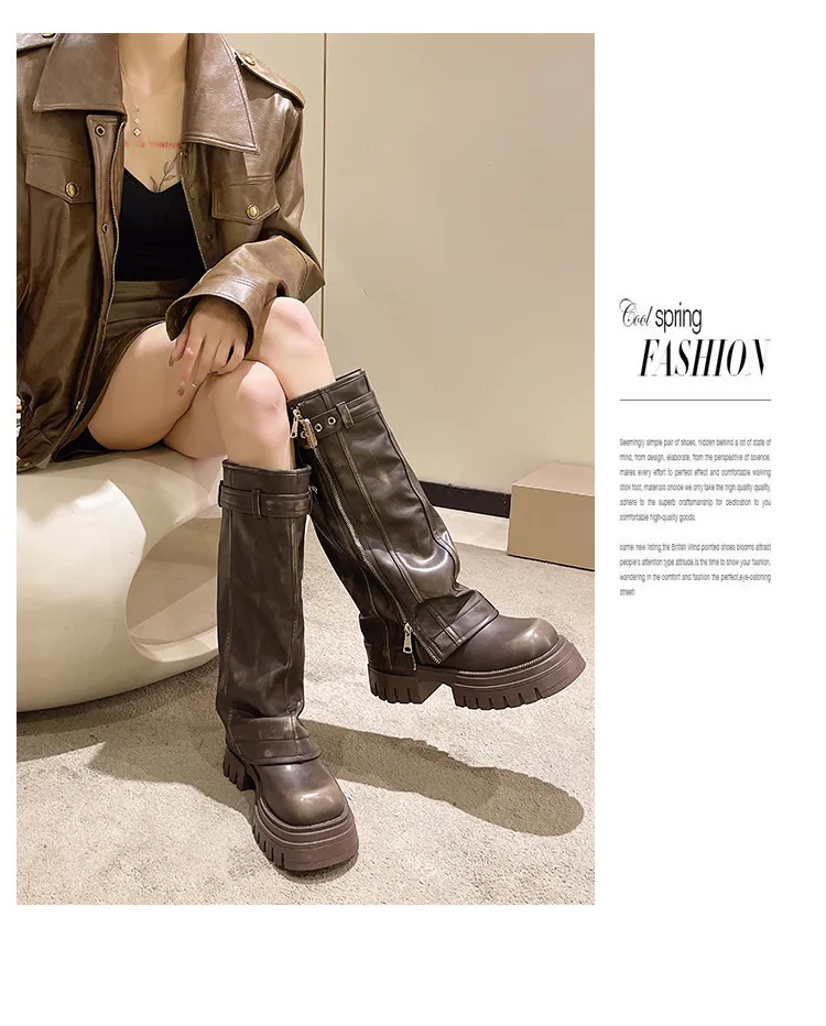 Botas altas de couro vintage para mulher com fivela e fecho_voghion.com