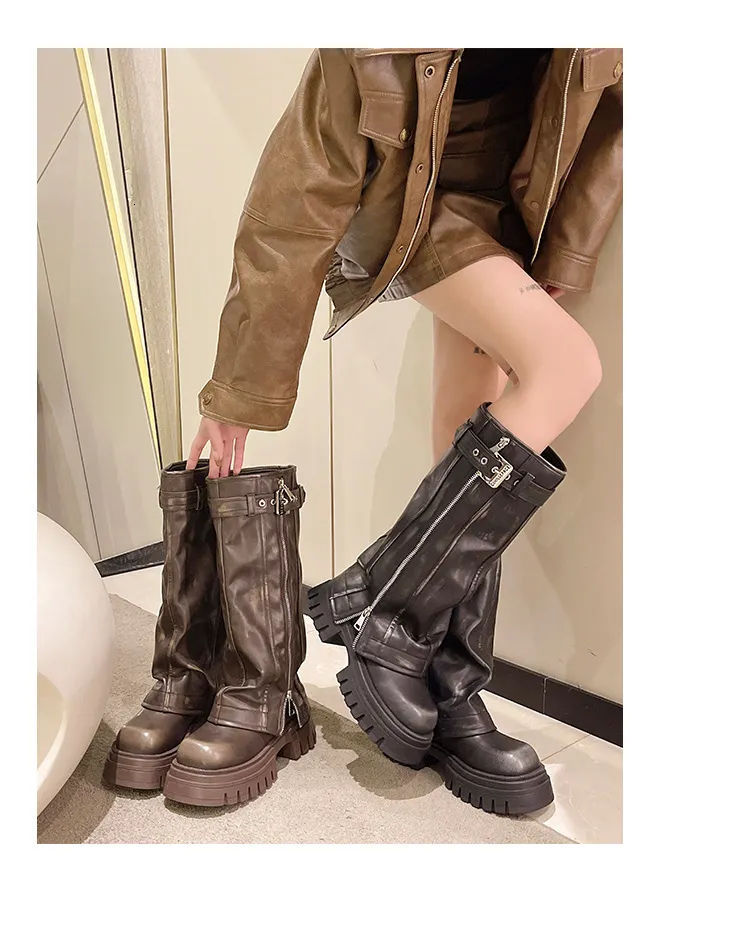 Botas altas de couro vintage para mulher com fivela e fecho_voghion.com