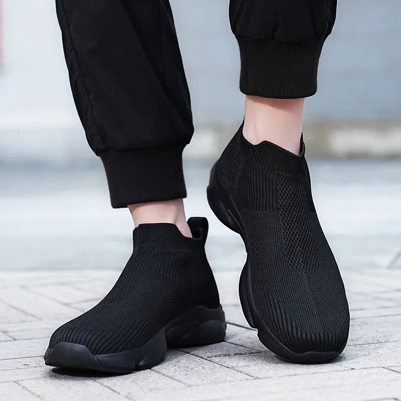 Mens Beige Knit Sock Sneakers Breathable Slip On Casual Shoes_vogvips.com