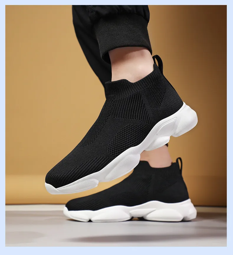 Mens Beige Knit Sock Sneakers Breathable Slip On Casual Shoes_vogvips.com