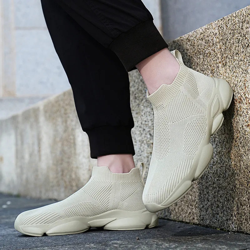 Mens Beige Knit Sock Sneakers Breathable Slip On Casual Shoes_vogvips.com
