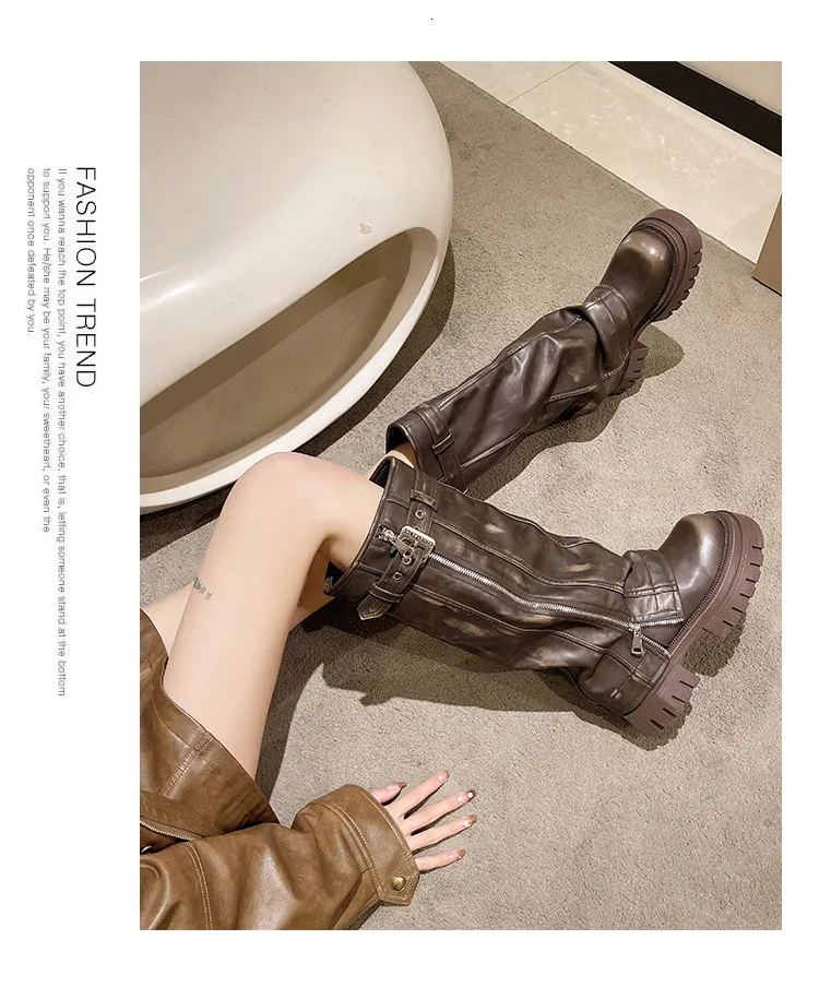Botas altas de couro vintage para mulher com fivela e fecho_voghion.com