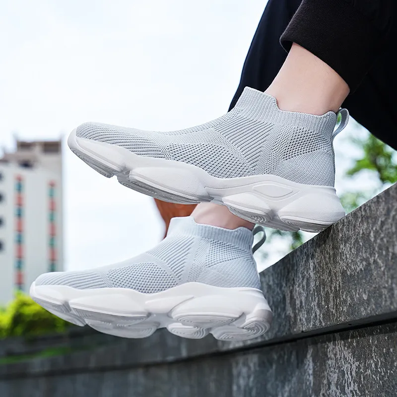 Mens Beige Knit Sock Sneakers Breathable Slip On Casual Shoes_vogvips.com