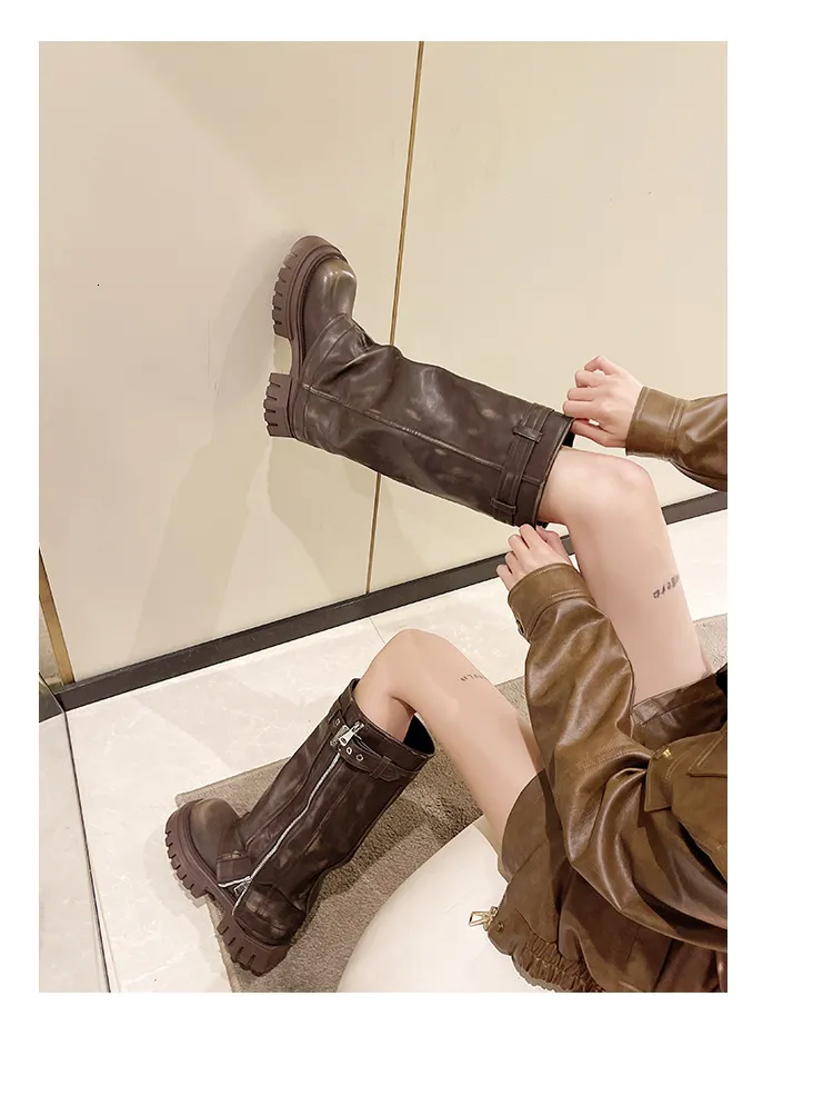Botas altas de couro vintage para mulher com fivela e fecho_voghion.com
