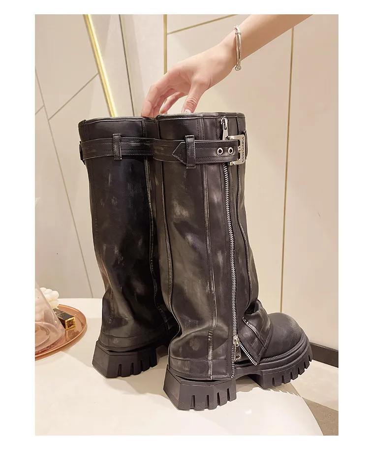 Botas altas de couro vintage para mulher com fivela e fecho_voghion.com