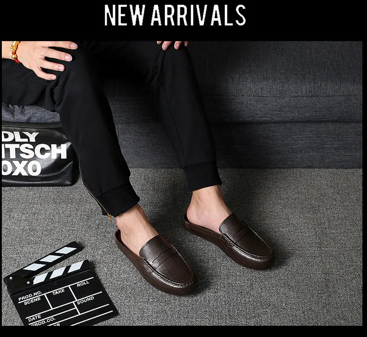 Men's Brown Crocodile Pattern Leather Mules Casual Slip On Shoes_voghion.com