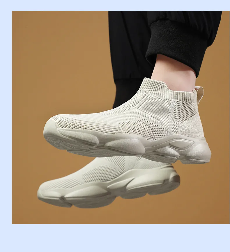 Mens Beige Knit Sock Sneakers Breathable Slip On Casual Shoes_vogvips.com