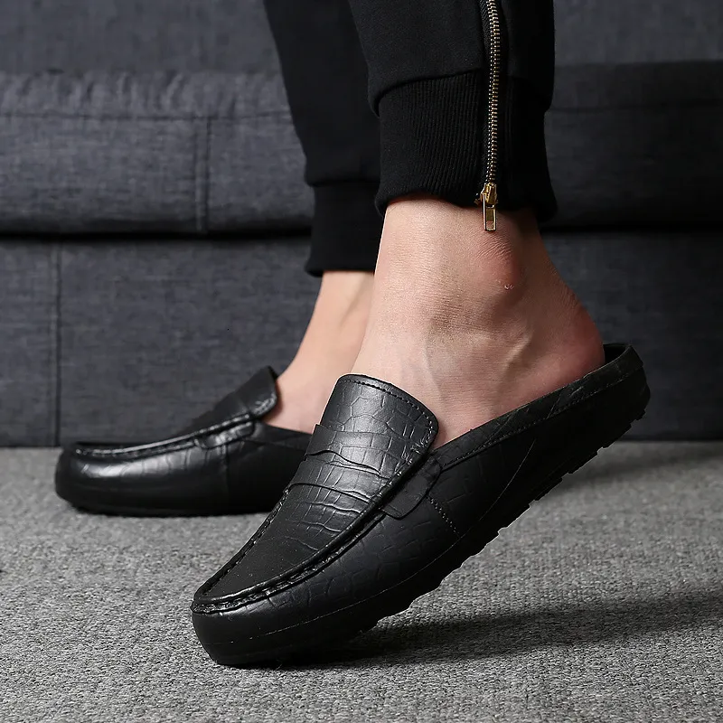 Mens Brown Crocodile Pattern Leather Loafer Slippers Slip On Backless Casual Shoes For Indoor And Outdoor Use_voghion.com