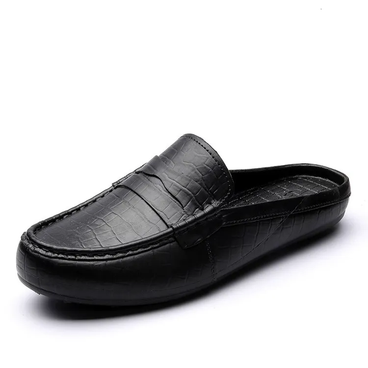Mens Brown Crocodile Pattern Leather Loafer Slippers Slip On Backless Casual Shoes For Indoor And Outdoor Use_voghion.com
