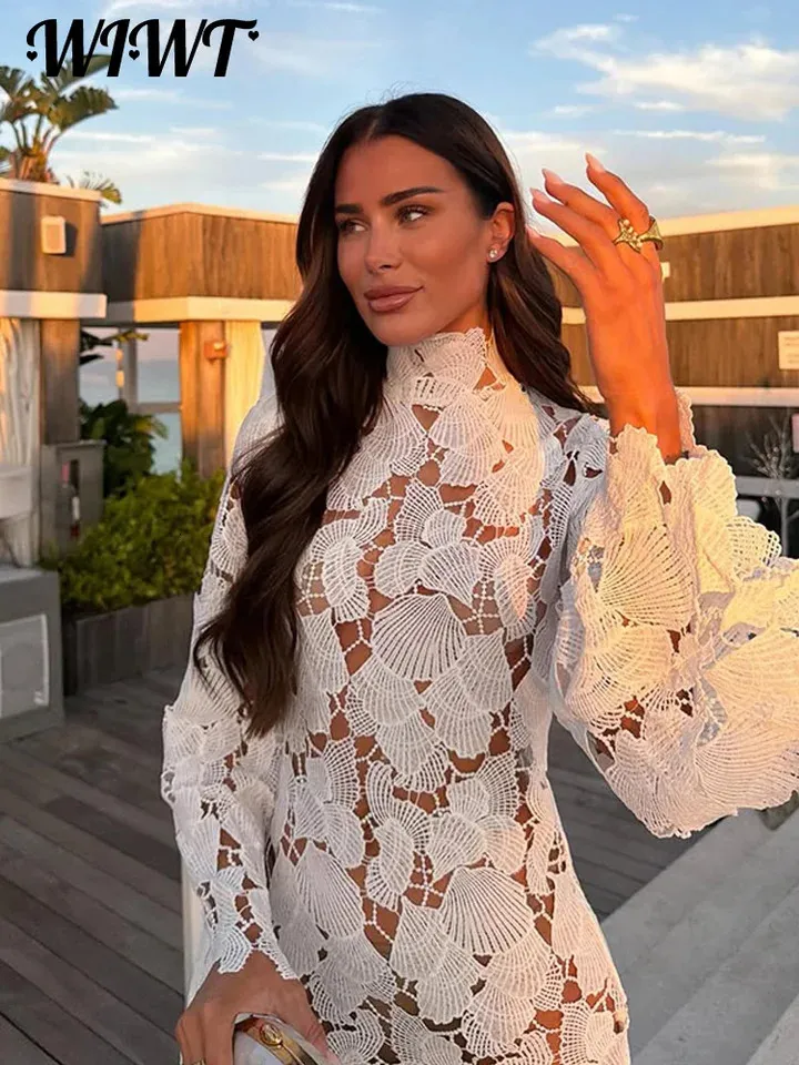 white crochet mini dress Bebe Women's Pearl Embellished Dress, Size XL in Shell Polyester/Spandex This white mini dress features an open crochet knit construction with contrast scalloped trim in orange and lilac self-portrait - White Crochet Mini