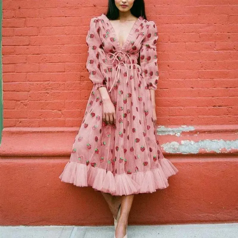 strawberry fairy dress Women Girl Ruffle Lolita Mesh Midi Dress Sequin Strawberry Embroidery Cute Fairy