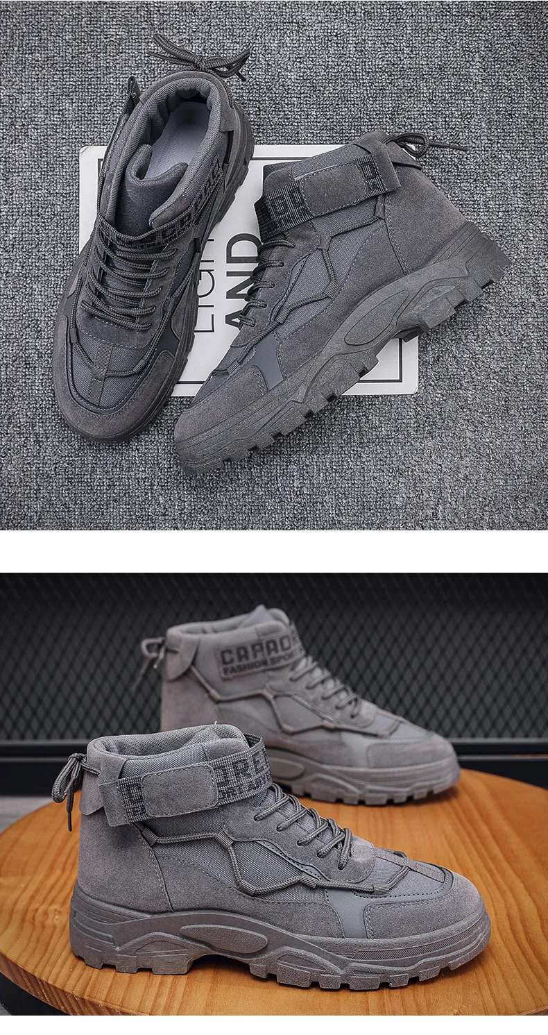 Mens Black High Top Platform Boots With Velcro Strap & Letter Print_voghion.com