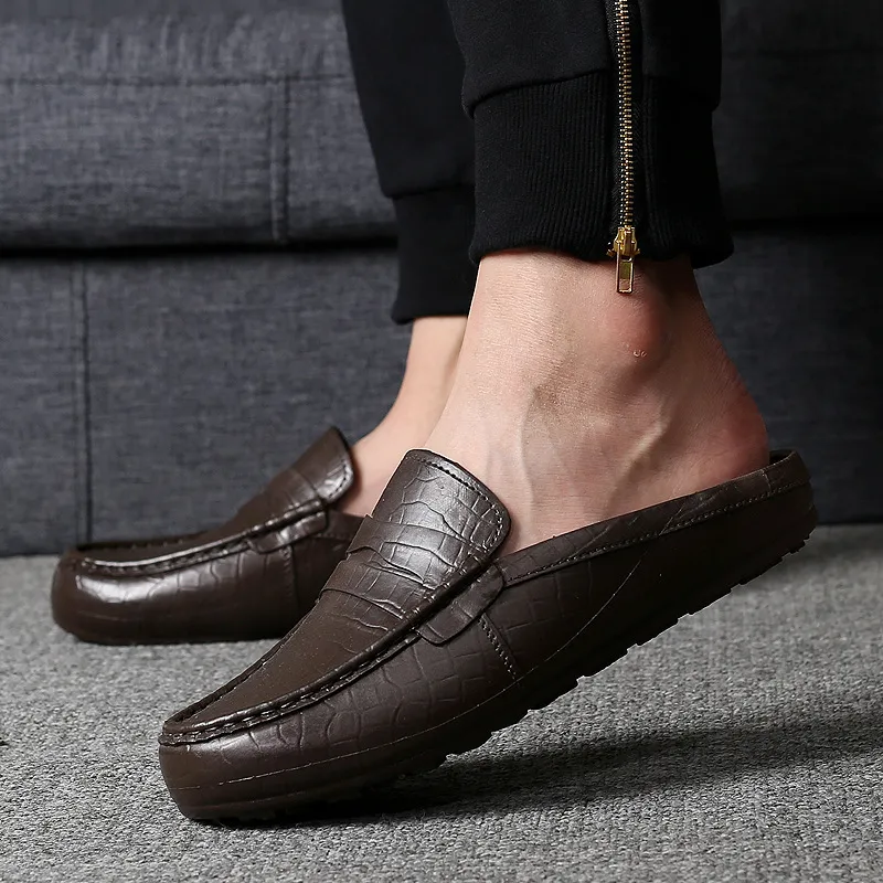 Mens Brown Crocodile Pattern Leather Loafer Slippers Slip On Backless Casual Shoes For Indoor And Outdoor Use_voghion.com