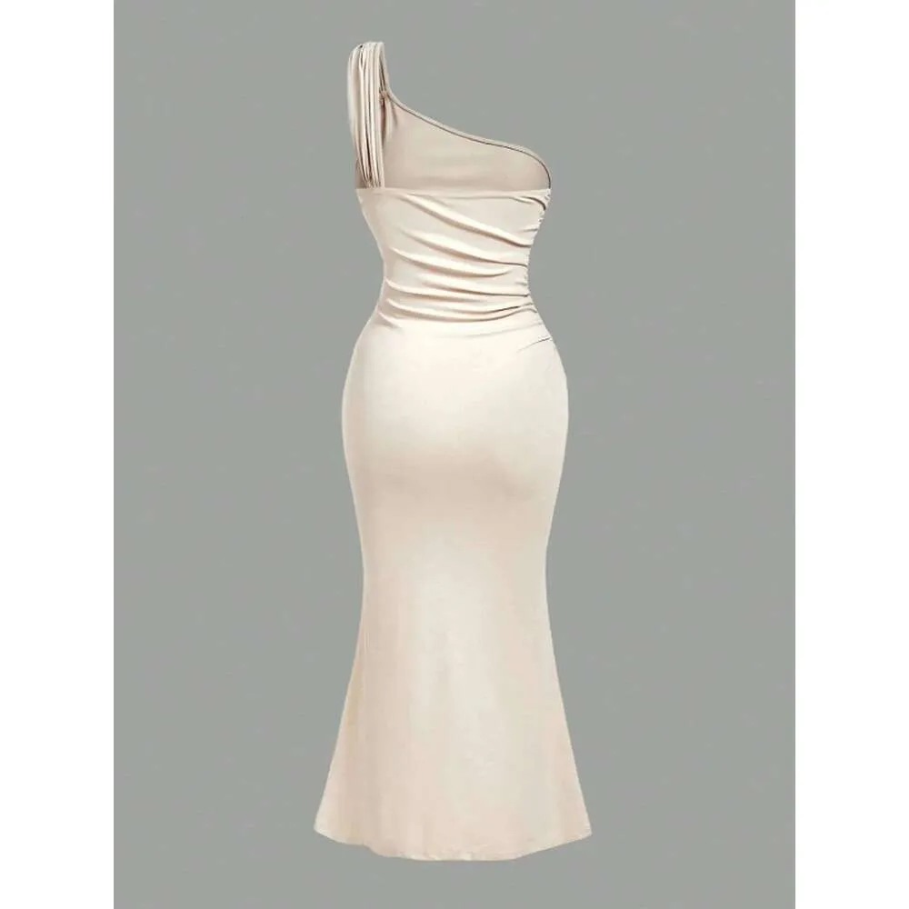brooch ruched asymmetric dress Maria Perezxox Women's White Brooch Decor Asymmetric Neck Ruched Fishtail  Dress