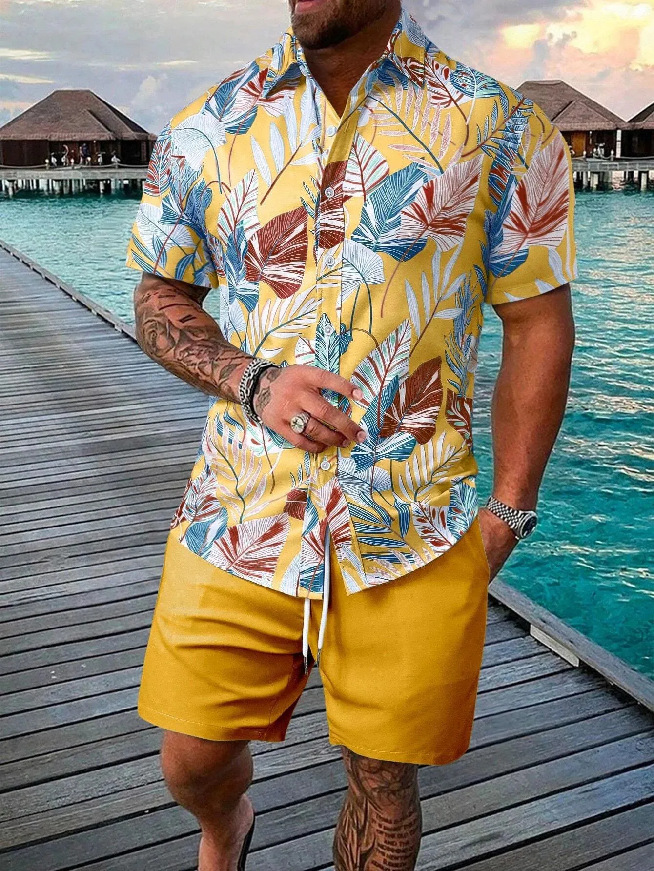 mens tropical dress shirts White Hibiscus Hawaiian Shirt Side Band Design