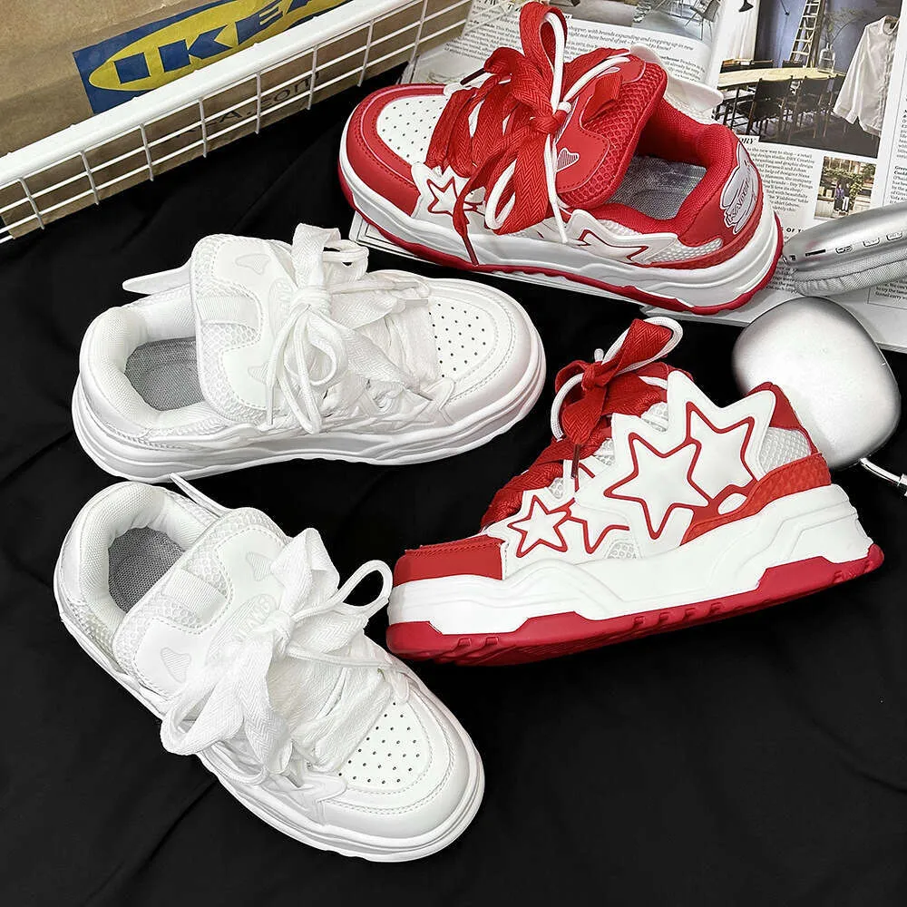 White Thick Soled Running Sneakers For Couples Height Increasing_voghion.com