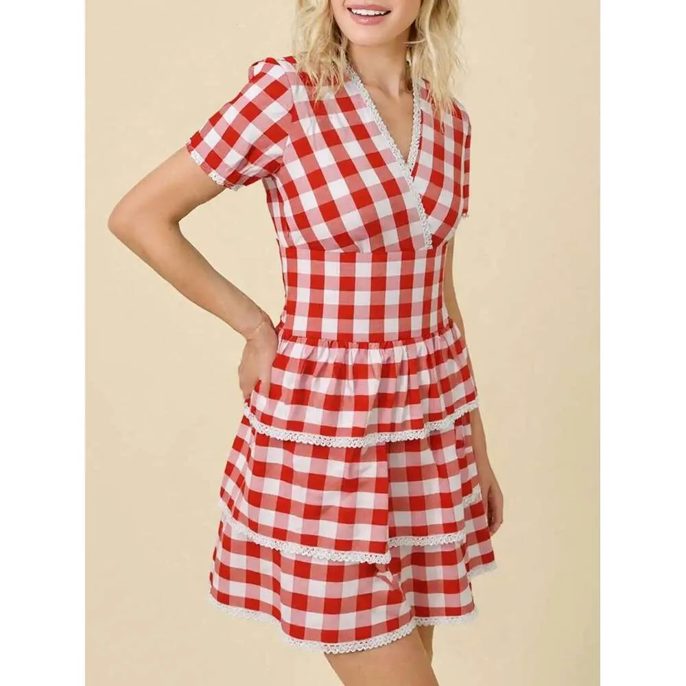 Vintage Red White Gingham Tiered Mini Dress For Women... From Dh5017046, Rs.2,505.15 In Bulk