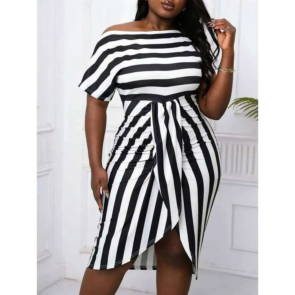 black and white striped dress off the shoulder Vivid Eden Chiffon Black And White Striped Ruffle Trim Off Shoulder Extra  Long Dress For Women Summer Outfits Fairycore Wedding Guest Vacation Beach