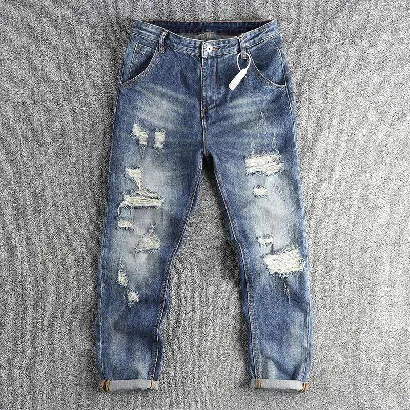 New heavy process wash worn out ripped jeans men slim straight leg American retro trend pants 26L0515