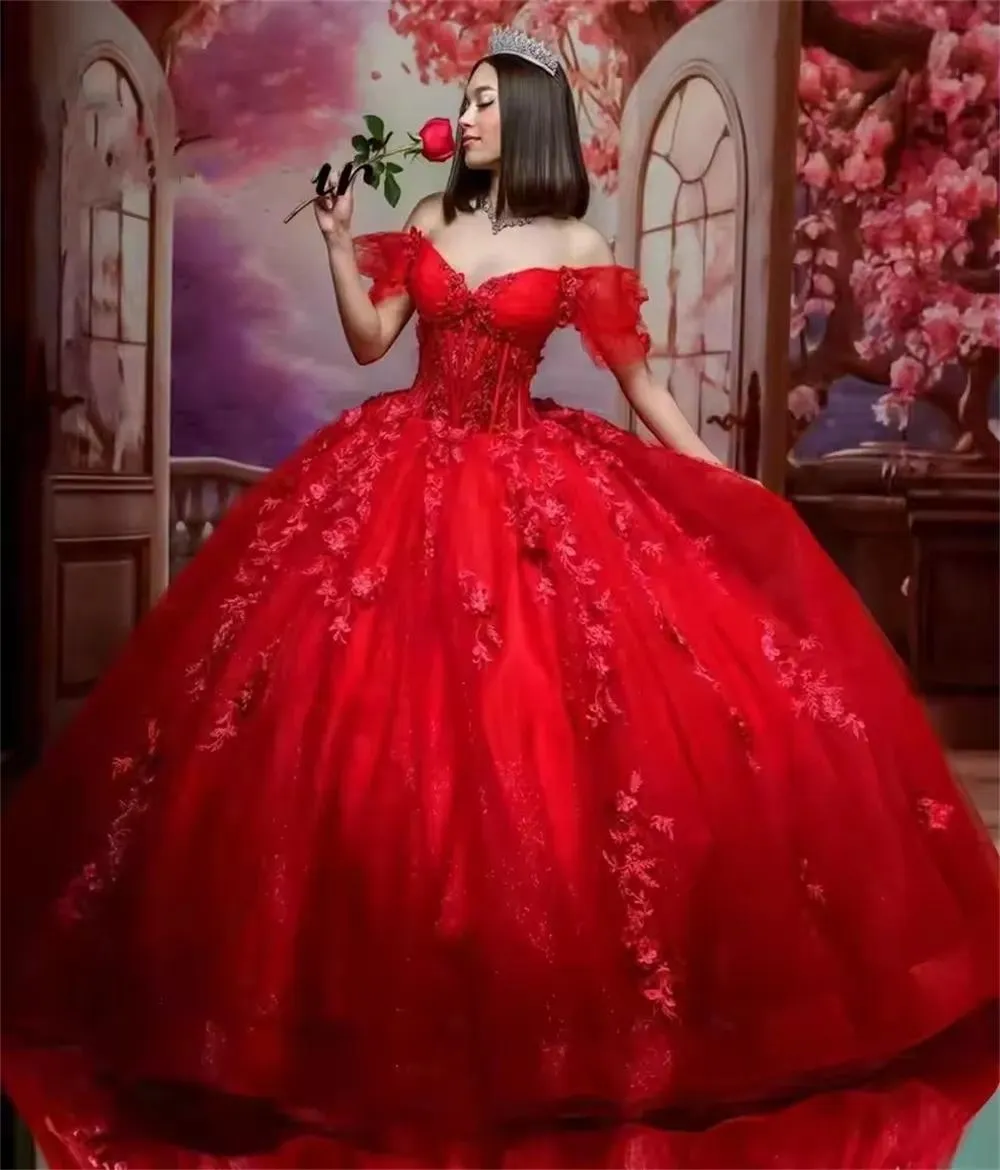 QD207 Ball Gown Quinceanera Dresses - Glittering Red Tulle Appliques Off Shoulder Plus Size Sweet 15 Birthday Party Dress