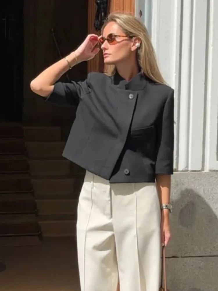 Womens Short Sleeve Blazer Asymmetric Stand Collar,... From Lu02 