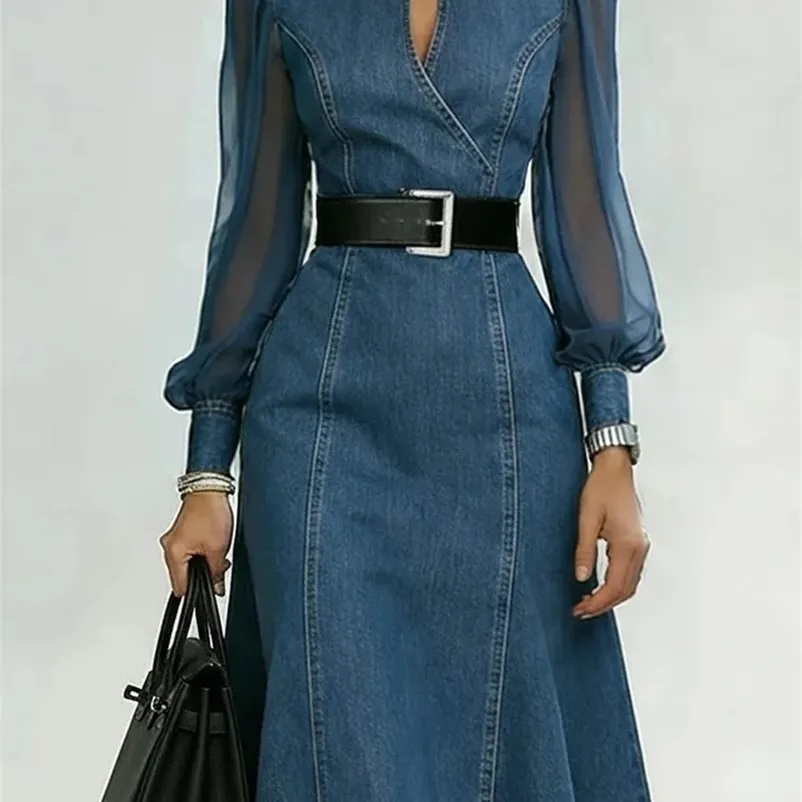 a line jean dress utcoco Women's Flowy Denim 2025 Vacation Lapel Long Puff Sleeve Button Down Swing Ruffle Dress (X-Small, Blue) at Amazon Women's Clothing store Featuring point collar Women's Strap Bodycon Denim Dress