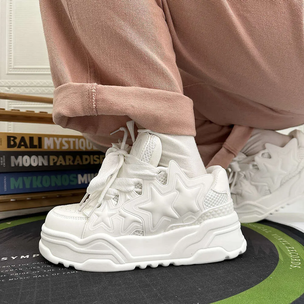 White Thick Soled Running Sneakers For Couples Height Increasing_voghion.com