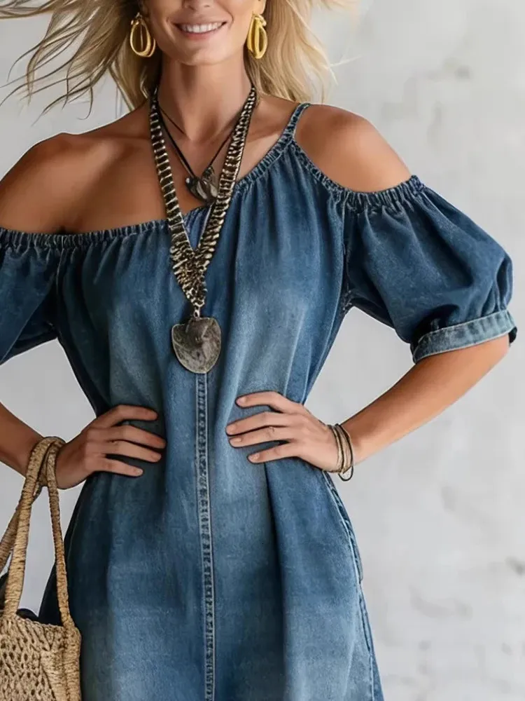 Chic Off Shoulder Denim Long Jean Dress With Puff... From Shewang03, $28.64  In Bulk | DHgate.Com