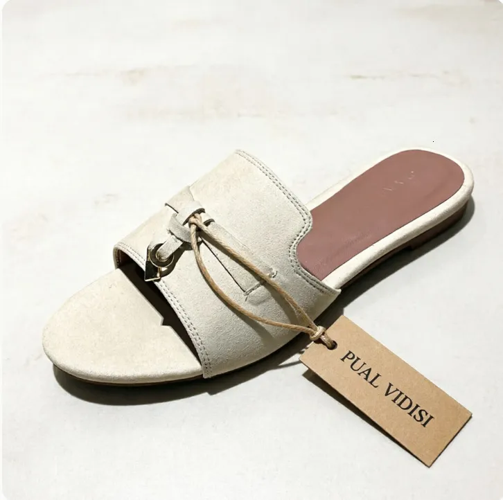 Womens Multicolor Suede Slide Sandals With Lock Charm Decor Flat Open Toe Slippers For Summer Beach And Daily Wear_voghion.com
