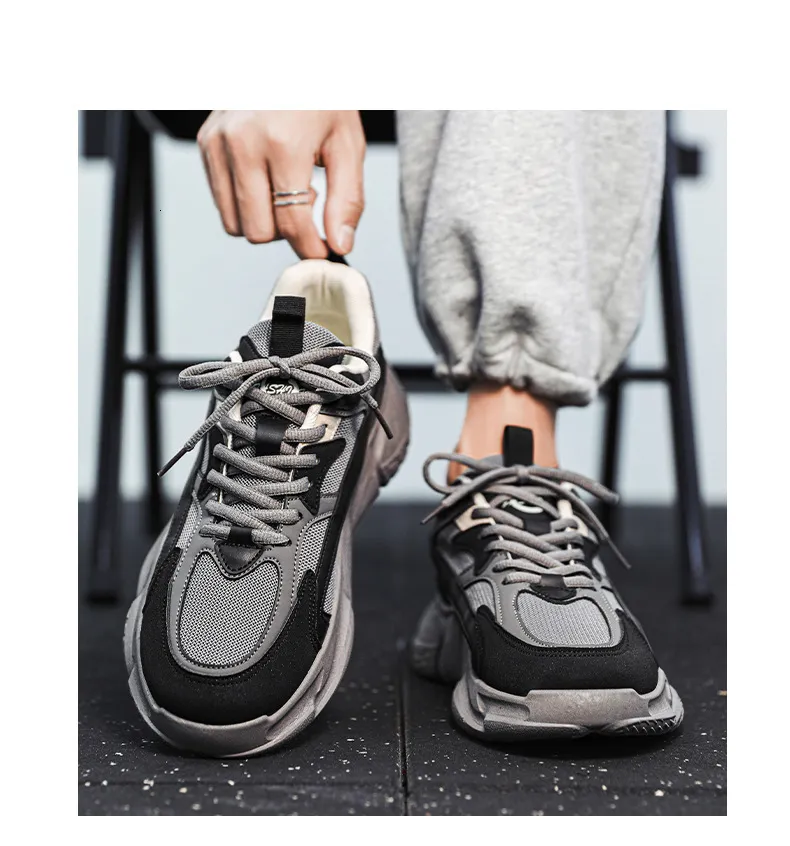 Mens Chunky Dad Sneakers White Black Breathable Mesh Non Slip_voghion.com