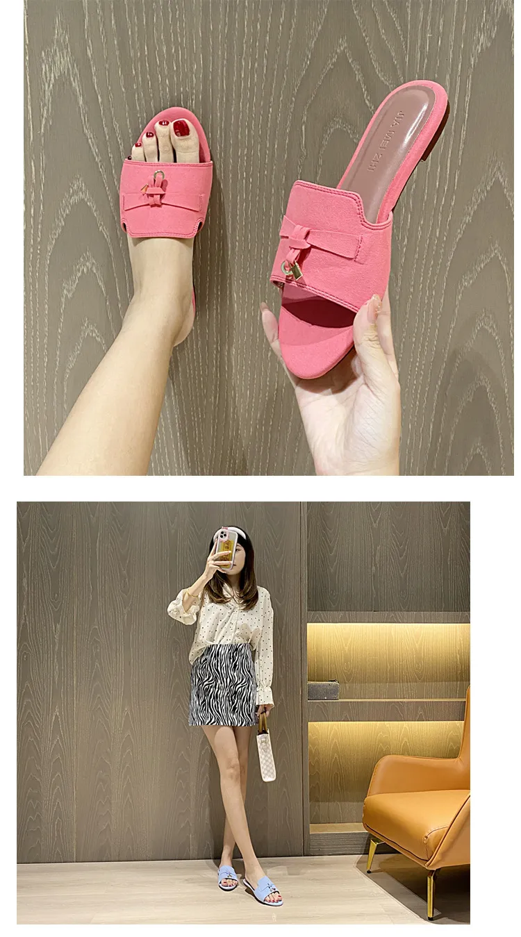Womens Multicolor Suede Slide Sandals Flat Open Toe Beach Shoes_voghion.com