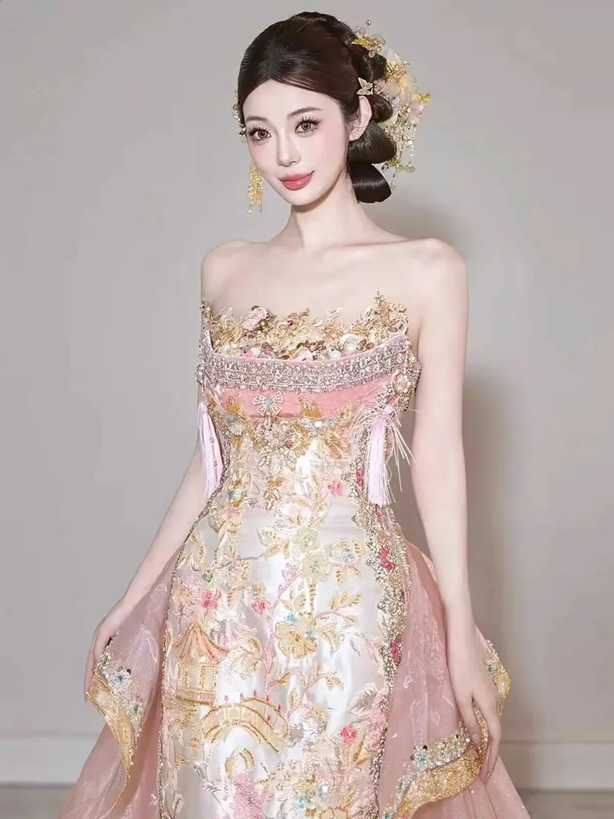 Pink Chinese Style Heavy Craft Engagement Corset Prom... From Huantong03, Rs.19,586.2