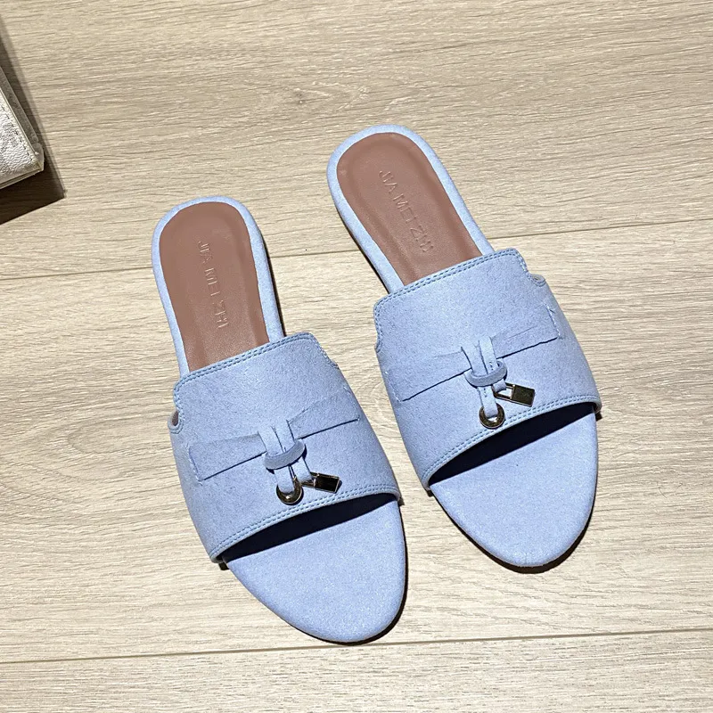 Womens Multicolor Suede Slide Sandals With Lock Charm Decor Flat Open Toe Slippers For Summer Beach And Daily Wear_voghion.com