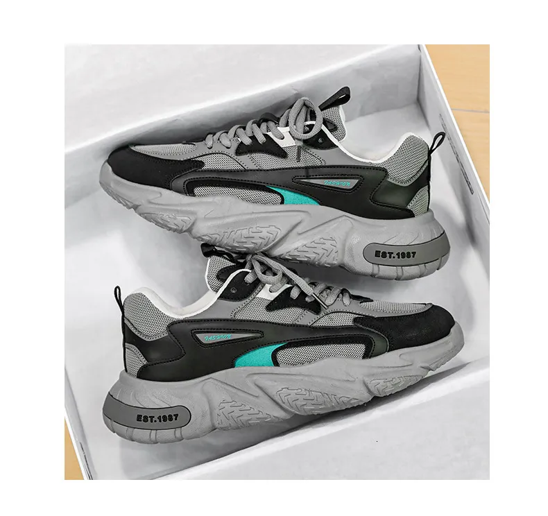 Mens Chunky Dad Sneakers White Black Breathable Mesh Non Slip_voghion.com