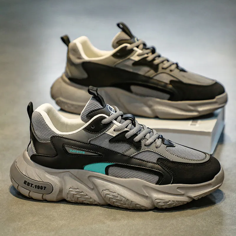 Mens White Black Chunky Dad Sneakers Breathable Mesh Upper Non Slip Thick Sole Casual Running Shoes For Streetwear_voghion.com