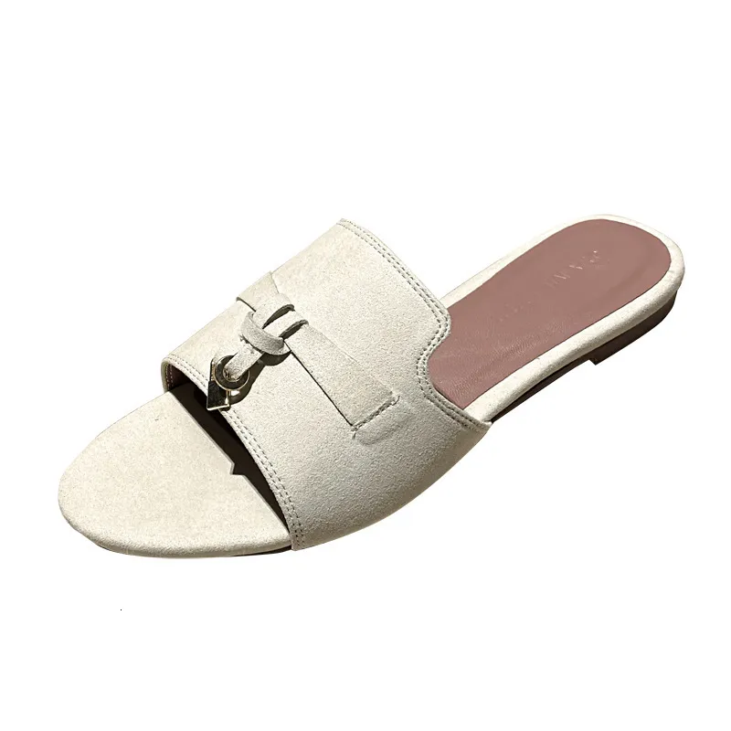 Womens Multicolor Suede Slide Sandals With Lock Charm Decor Flat Open Toe Slippers For Summer Beach And Daily Wear_voghion.com