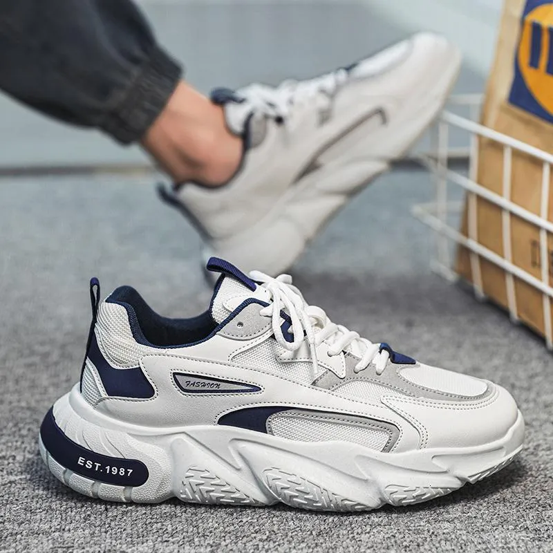 Mens White Black Chunky Dad Sneakers Breathable Mesh Upper Non Slip Thick Sole Casual Running Shoes For Streetwear_voghion.com