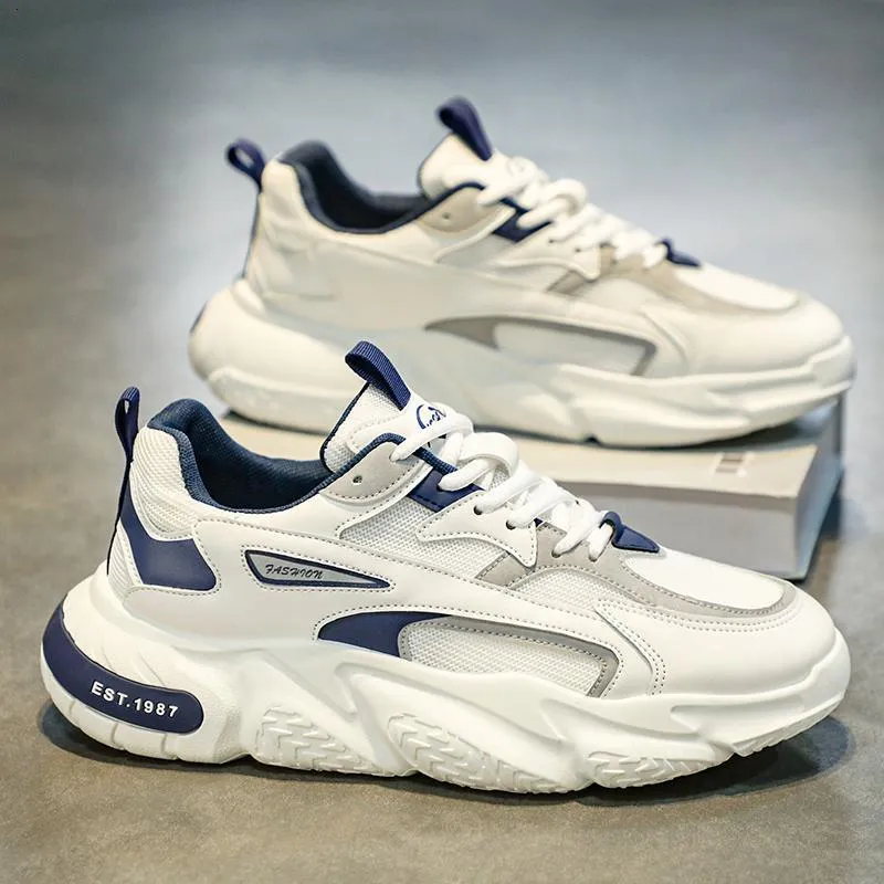 Mens White Black Chunky Dad Sneakers Breathable Mesh Upper Non Slip Thick Sole Casual Running Shoes For Streetwear_voghion.com