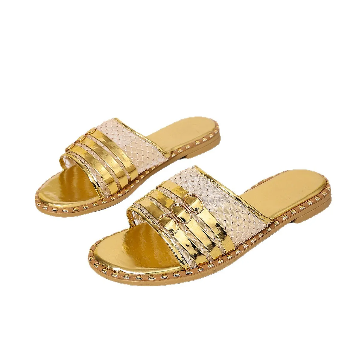 2026 New Flat Bottomed Metal Buckle Mesh Beach Slippers With Round Toe European And American Style Sandals For Women_vogvips.com