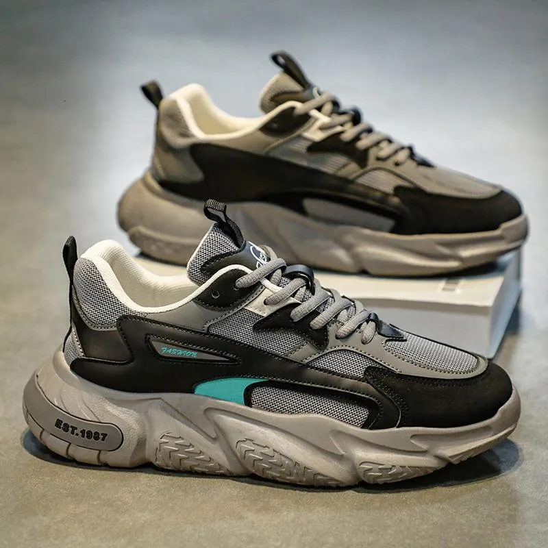 Mens White Black Chunky Dad Sneakers Breathable Mesh Upper Non Slip Thick Sole Casual Running Shoes For Streetwear_voghion.com