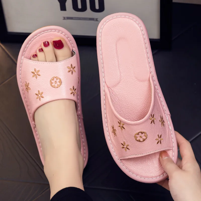 Cowhide Leather Breathable Soft Bottom Cool Slippers For Women Couple Indoor Flooring Home Summer_voghion.com