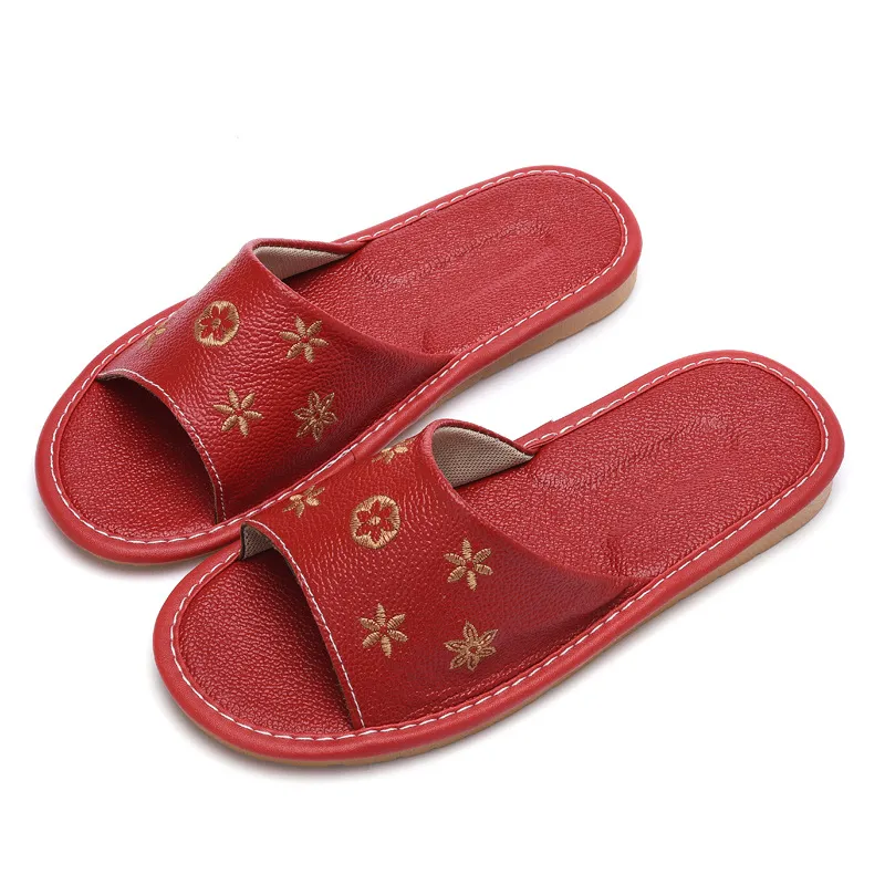 Cowhide Leather Breathable Soft Bottom Cool Slippers For Women Couple Indoor Flooring Home Summer_voghion.com