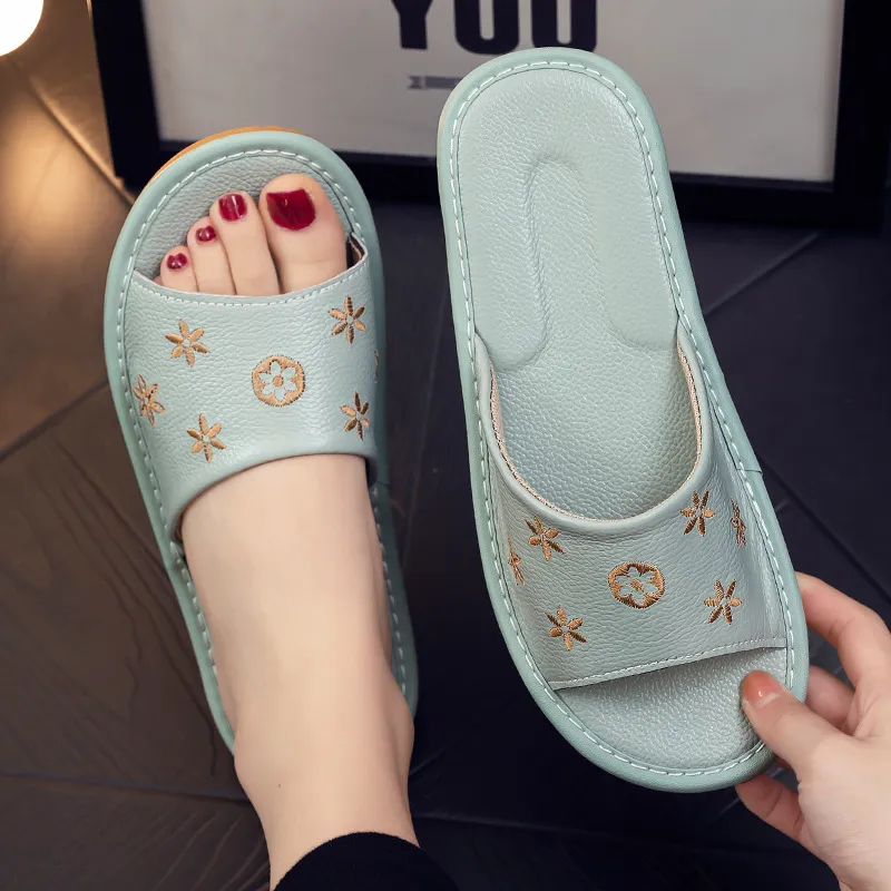 Cowhide Leather Breathable Soft Bottom Cool Slippers For Women Couple Indoor Flooring Home Summer_voghion.com