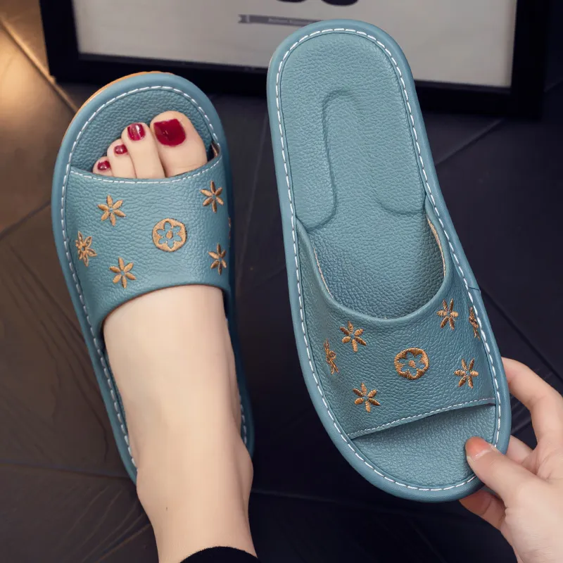Cowhide Leather Breathable Soft Bottom Cool Slippers For Women Couple Indoor Flooring Home Summer_voghion.com
