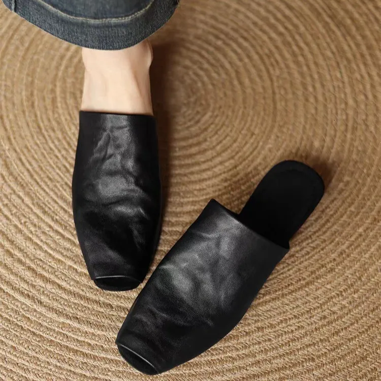 Women's Leather Mules Square Toe Padded Insole Casual Sandals_voghion.com